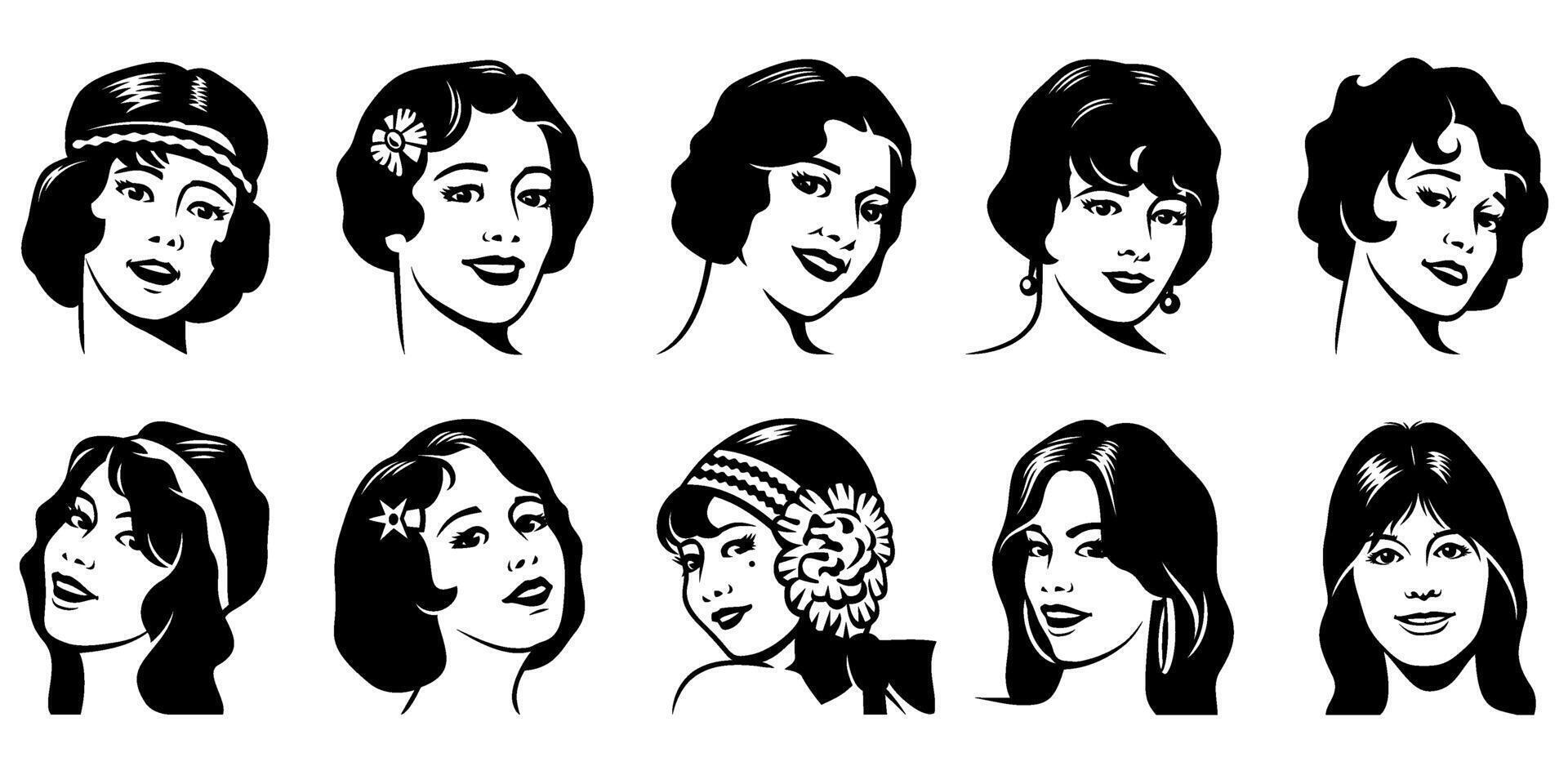 mujer personaje caras para avatares, usuario perfiles, social redes vector clipart aislado en blanco.