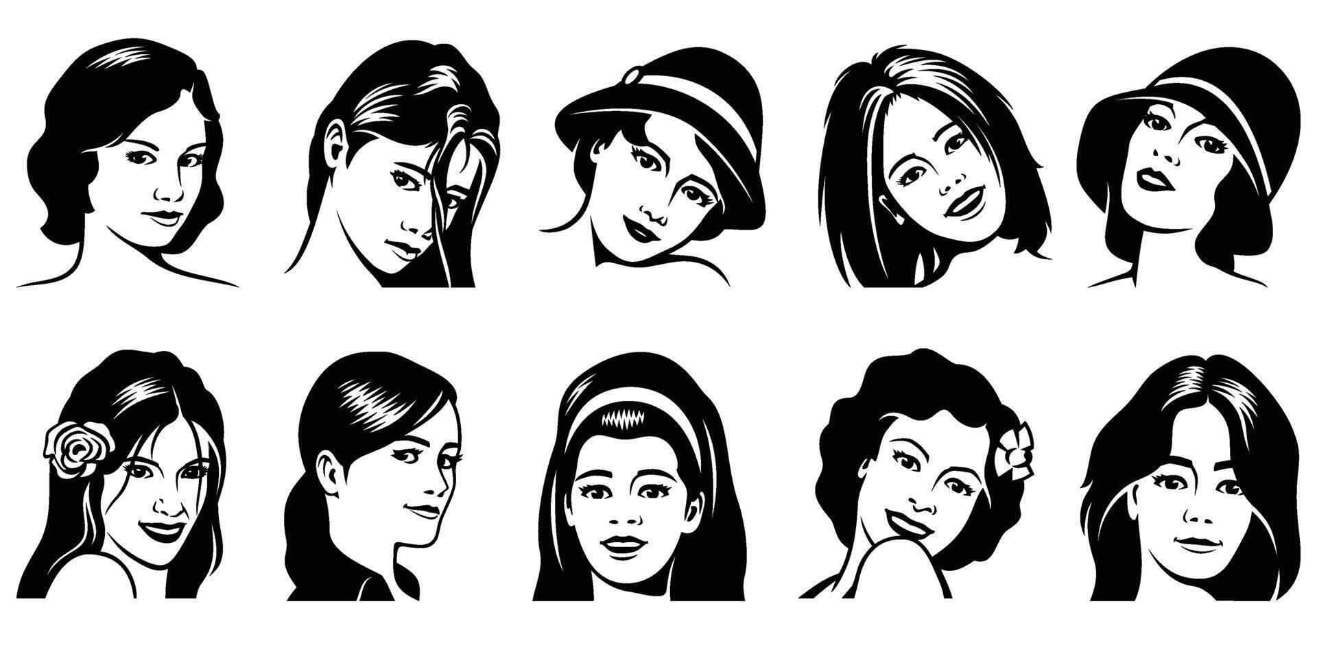 Girl Characters Faces for Avatars, User Profiles, Social Networks. Vector cliparts isolated on white.