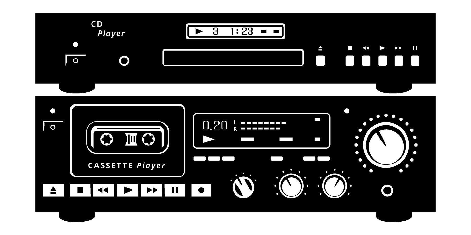 Audio Cassette Player and CD Player Silhouettes. Vintage analog audio equipment. Vector cliparts isolated on white.