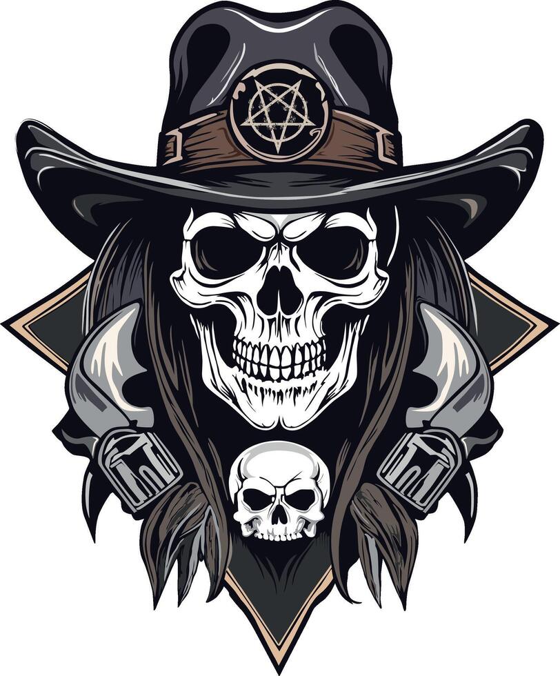 cowboy skull with hat, a smaller skulls and two side guns. vector