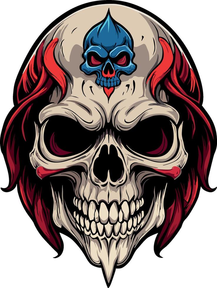 illustration of a red-haired skull with another blue skull on its forehead. vector