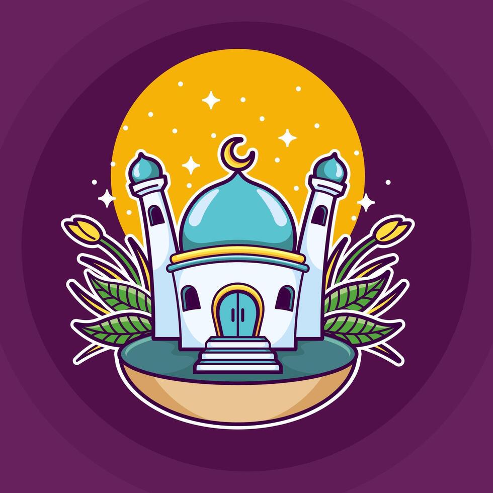 Cute cartoon mosque with moon and stars vector