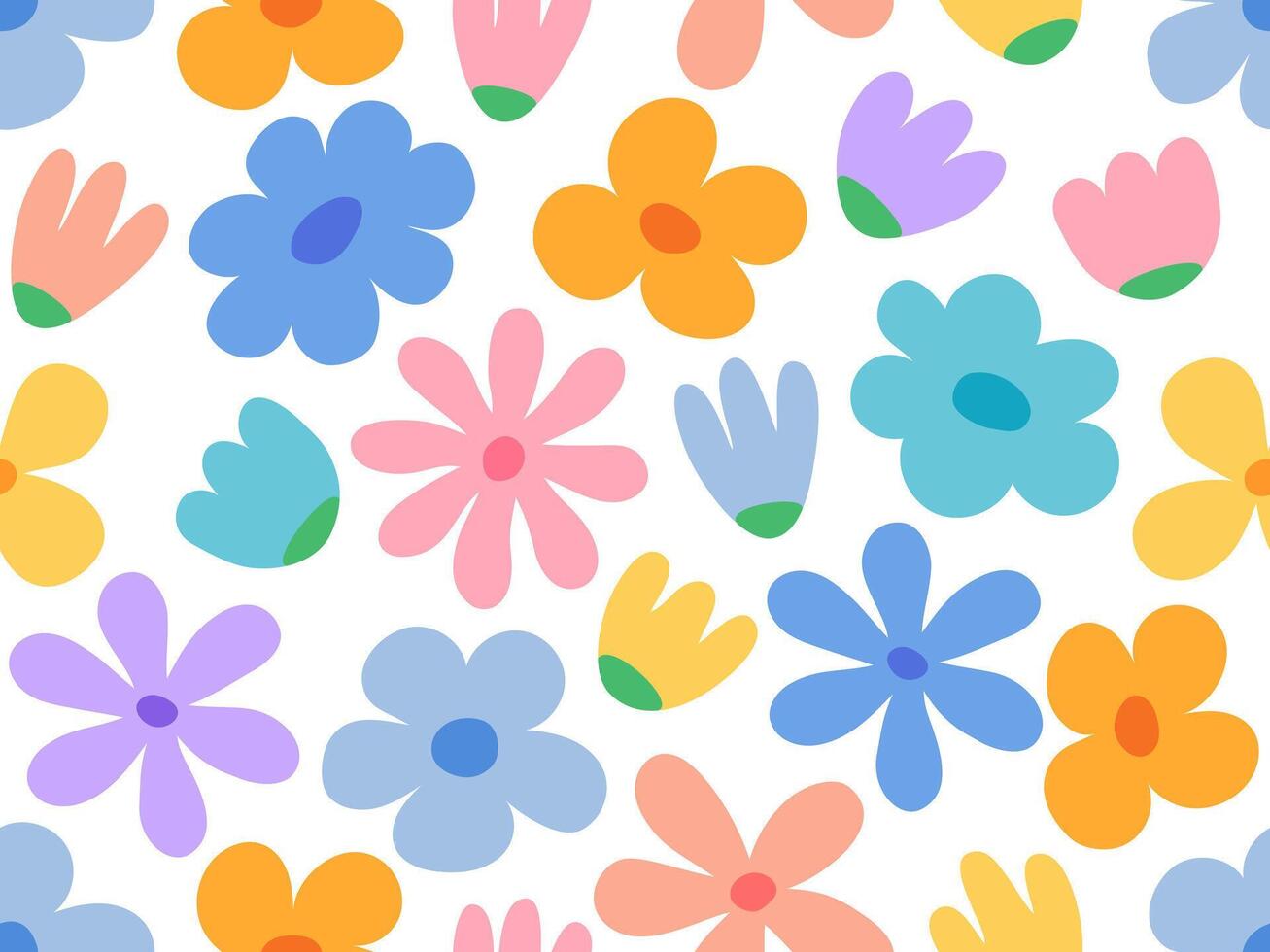 Bright flower seamless pattern. Colorful floral seamless vector background. Funny pattern with different flowers.