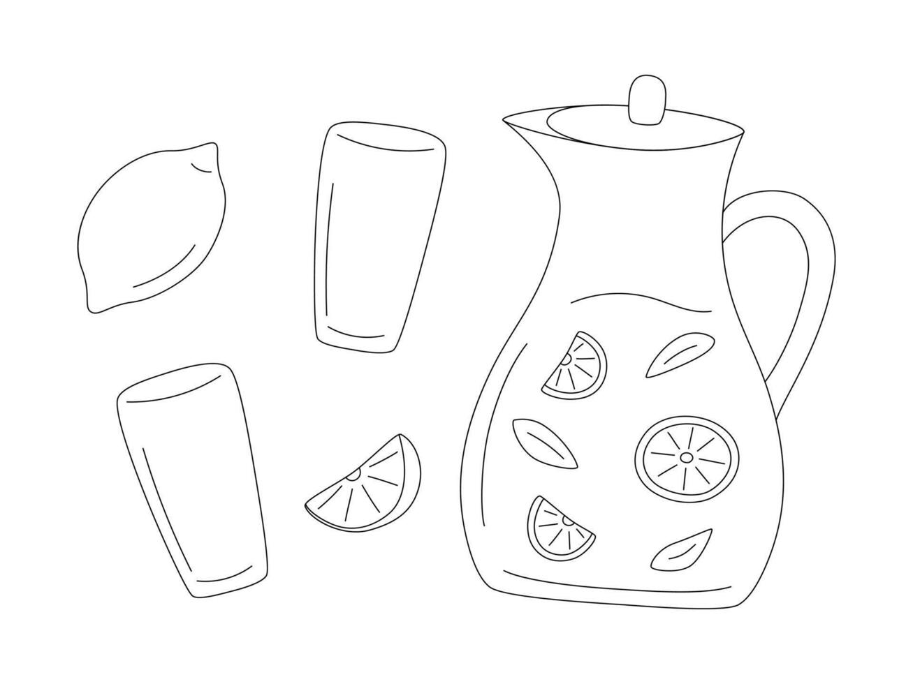 Pitcher of lemonade and glasses in line style. Vector jug and glasses, lemon and slice of lemon isolated on white background