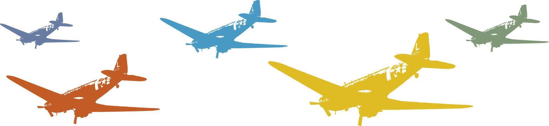 Colorful repeating pattern of 5 DC-47 Troop Carrier silhouettes in flight vector