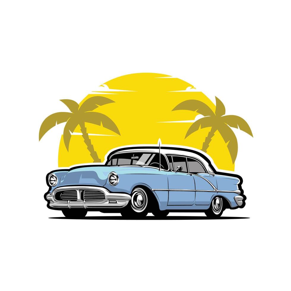 Classic vintage retro car in beach vector art illustration isolated. Best for automotive tshirt design