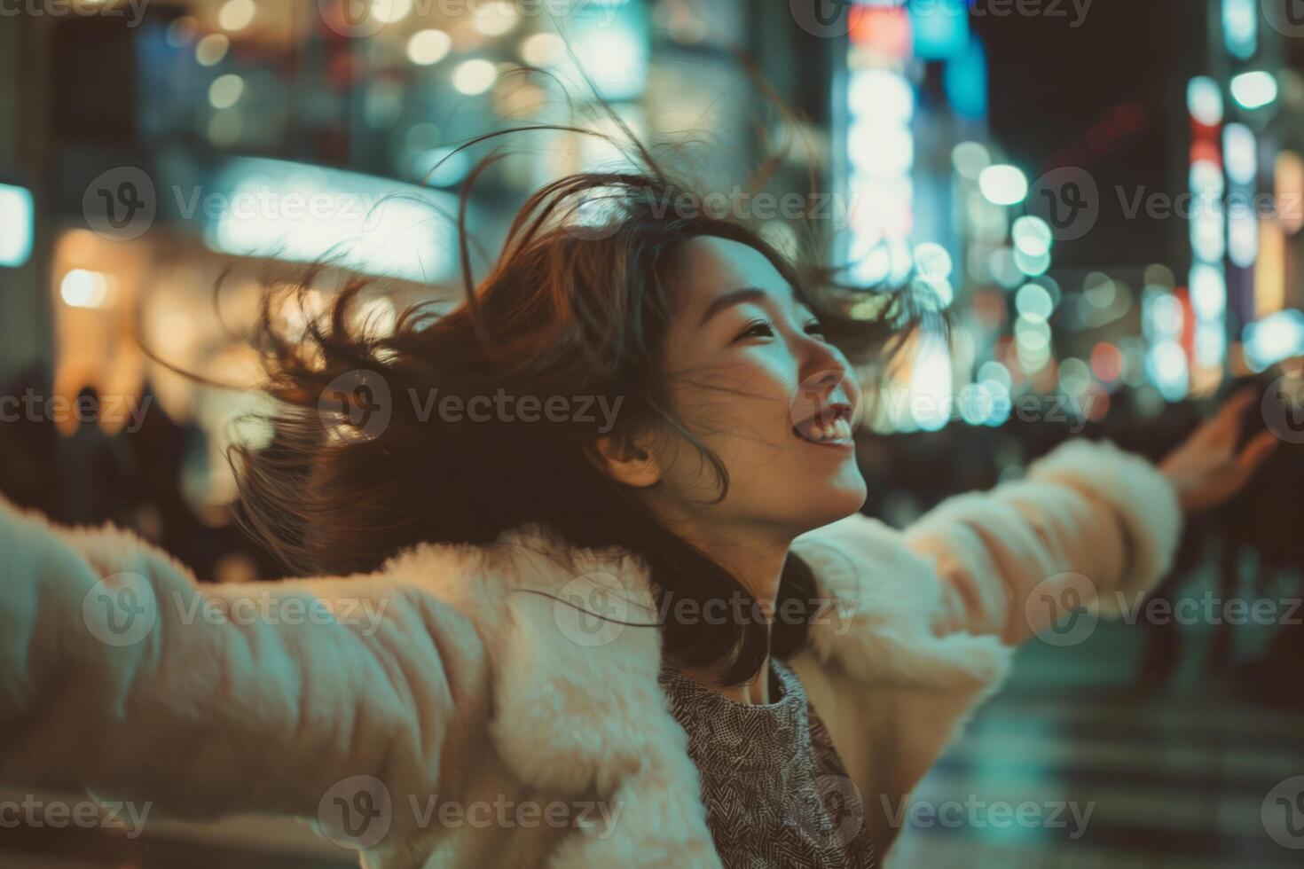 ai generado alegre joven asiático mujer en mullido Saco disfrutando la vida nocturna en el ciudad foto
