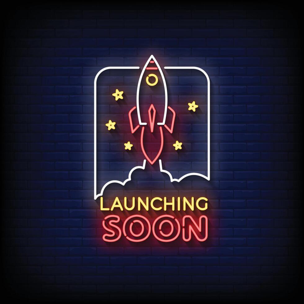Neon Sign launching soon with brick wall background vector