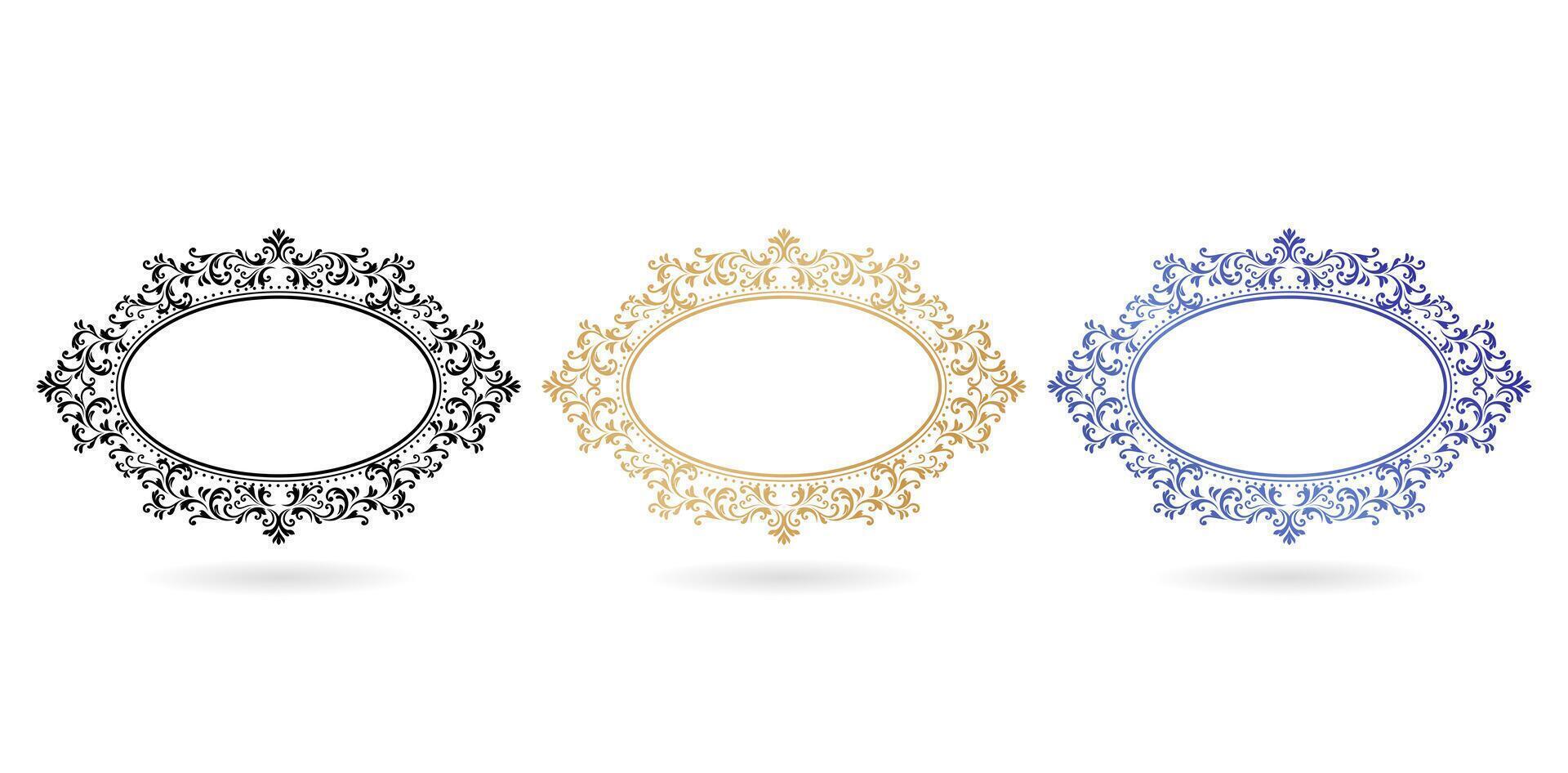 vector illustration three ornate frames with different color isolated white backgrounds for screen printing, paper craft printable designs, wedding invitation cover, stationery design materials, decks