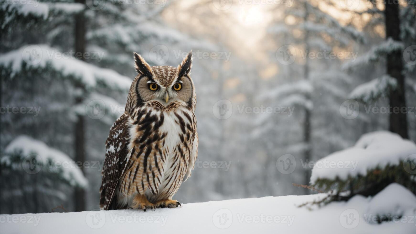 AI generated An owl sits on the ground. On a snowy landscape. Generative AI photo