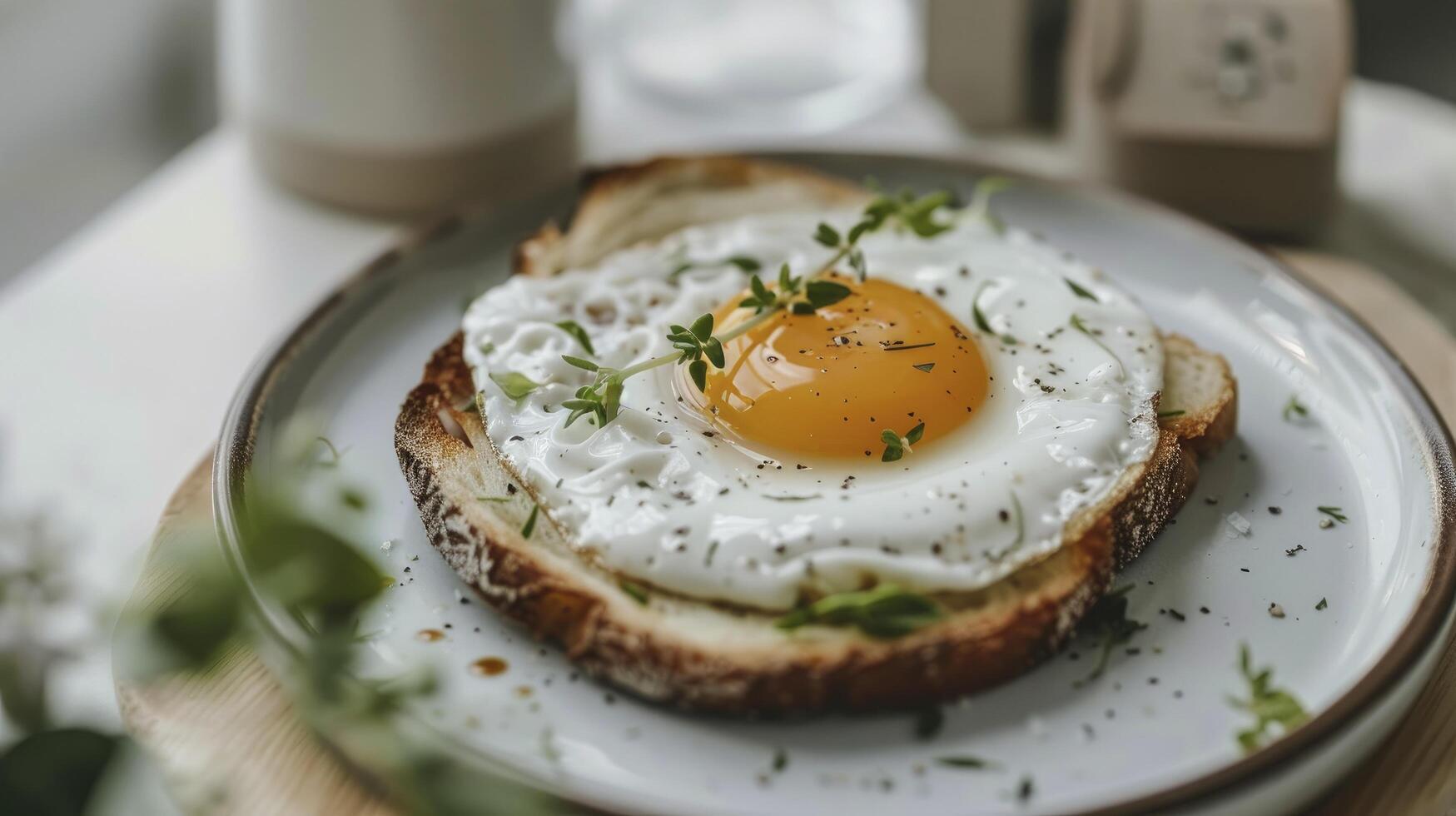AI generated Savoring Simplicity. Plate with Two Slices of Fried Bread Topped with a Sunny-Side-Up Egg. photo