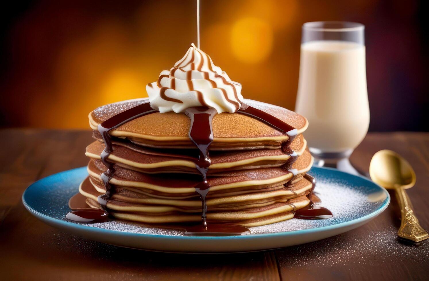 AI generated a stack of pancakes with cream, with cream and a milky cocktail photo