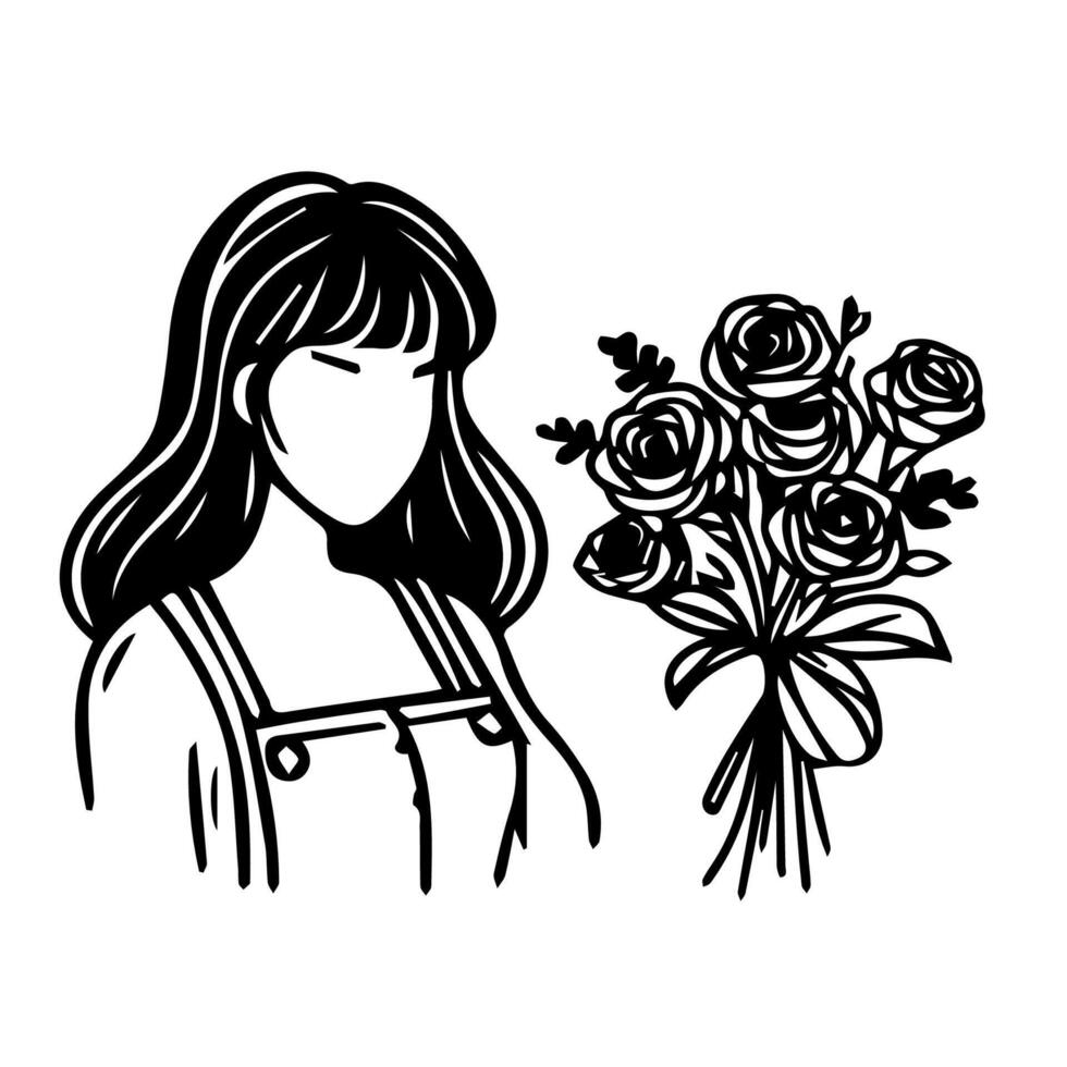 Woman head silhouette, face profile, vignette. Hand drawn vector illustration, isolated on white background. Design for invitation, greeting card, vintage style.