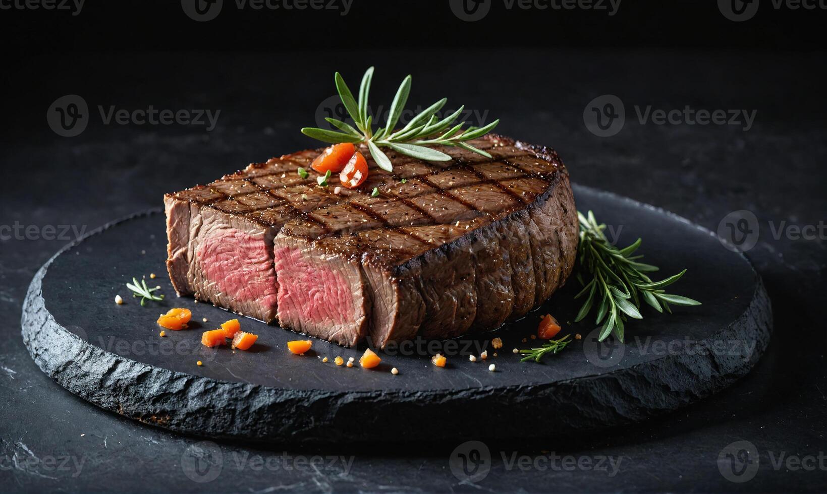 AI generated A steak with rosemary and thyme on a slate plate. photo