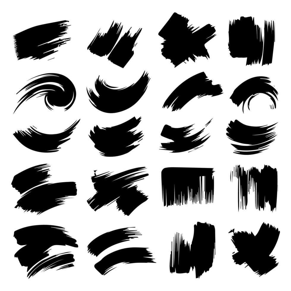 Big collection of black paint, ink brush strokes, brushes, lines, grungy. Dirty artistic design elements, boxes, frames. Vector illustration. Isolated on white background. Freehand drawing.