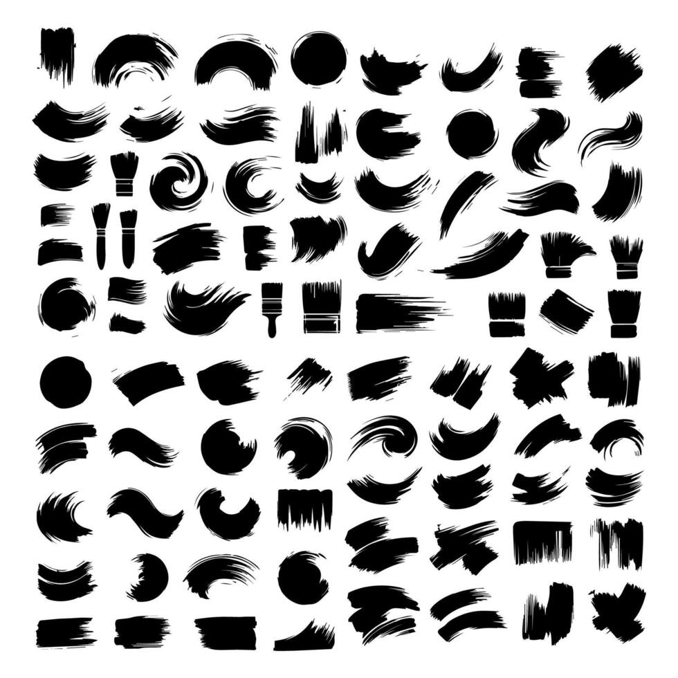 Big collection of black paint, ink brush strokes, brushes, lines, grungy. Dirty artistic design elements, boxes, frames. Vector illustration. Isolated on white background. Freehand drawing.