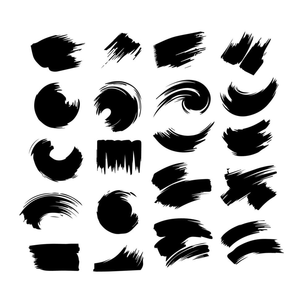 Big collection of black paint, ink brush strokes, brushes, lines, grungy. Dirty artistic design elements, boxes, frames. Vector illustration. Isolated on white background. Freehand drawing.