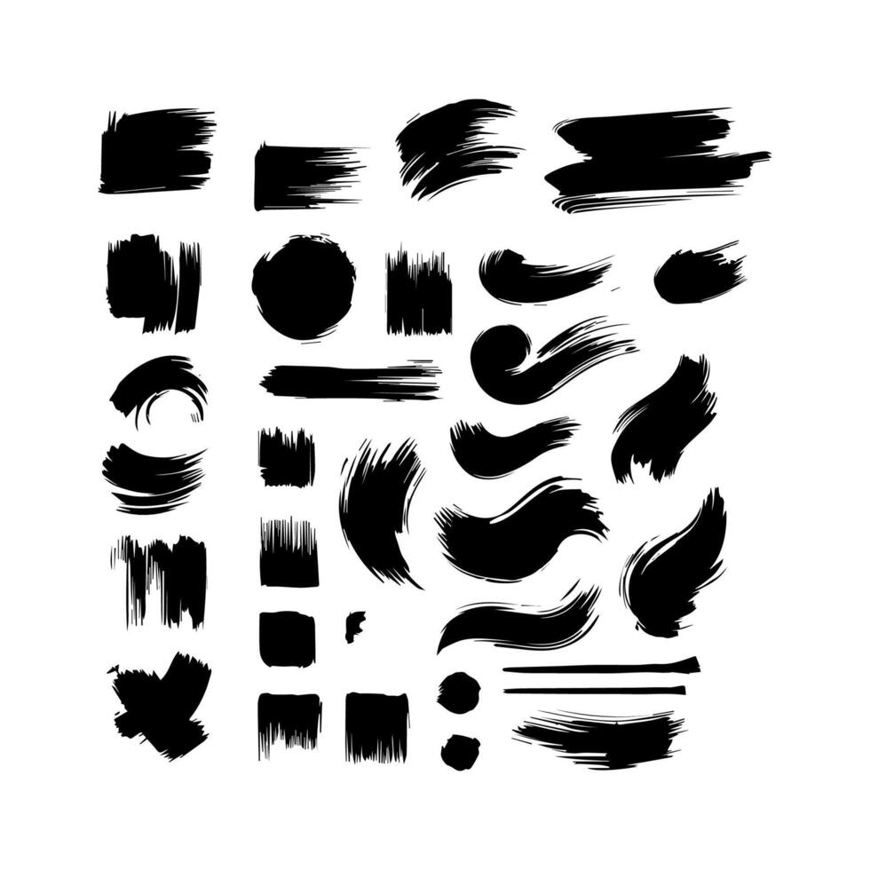 Big collection of black paint, ink brush strokes, brushes, lines, grungy. Dirty artistic design elements, boxes, frames. Vector illustration. Isolated on white background. Freehand drawing.