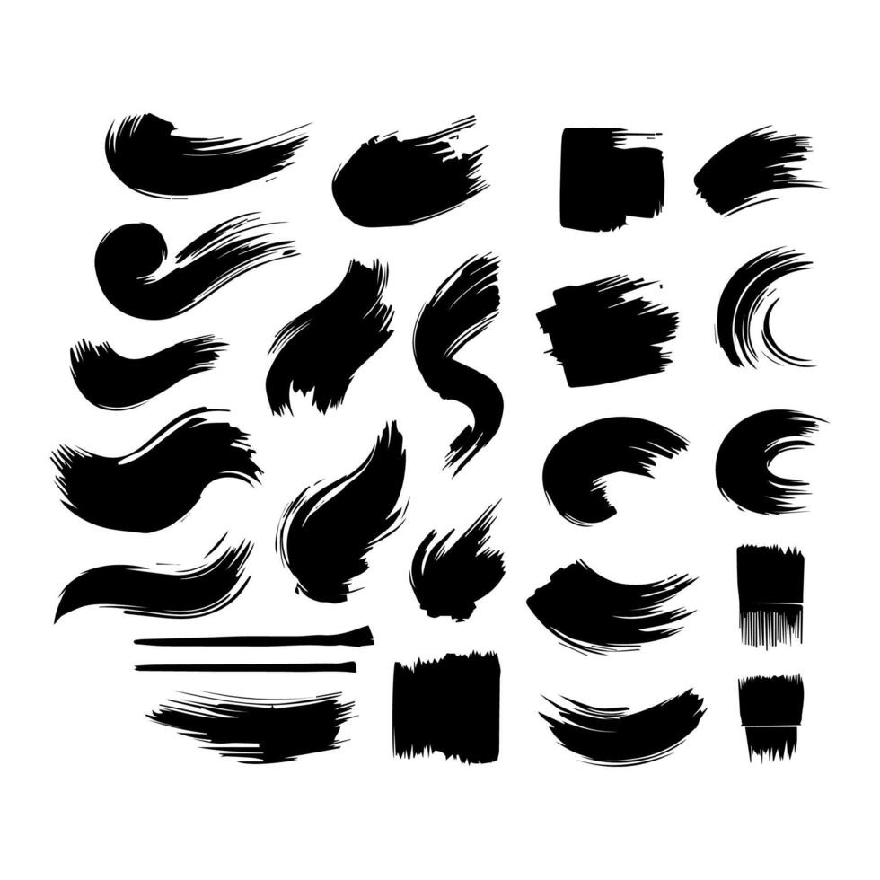 Big collection of black paint, ink brush strokes, brushes, lines, grungy. Dirty artistic design elements, boxes, frames. Vector illustration. Isolated on white background. Freehand drawing.