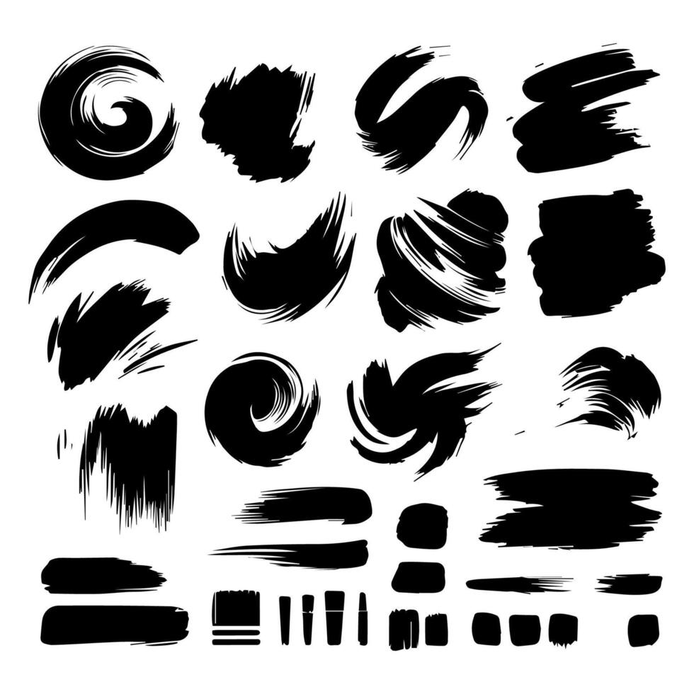 Big collection of black paint, ink brush strokes, brushes, lines, grungy. Dirty artistic design elements, boxes, frames. Vector illustration. Isolated on white background. Freehand drawing.