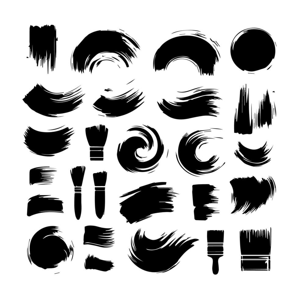 Big collection of black paint, ink brush strokes, brushes, lines, grungy. Dirty artistic design elements, boxes, frames. Vector illustration. Isolated on white background. Freehand drawing.