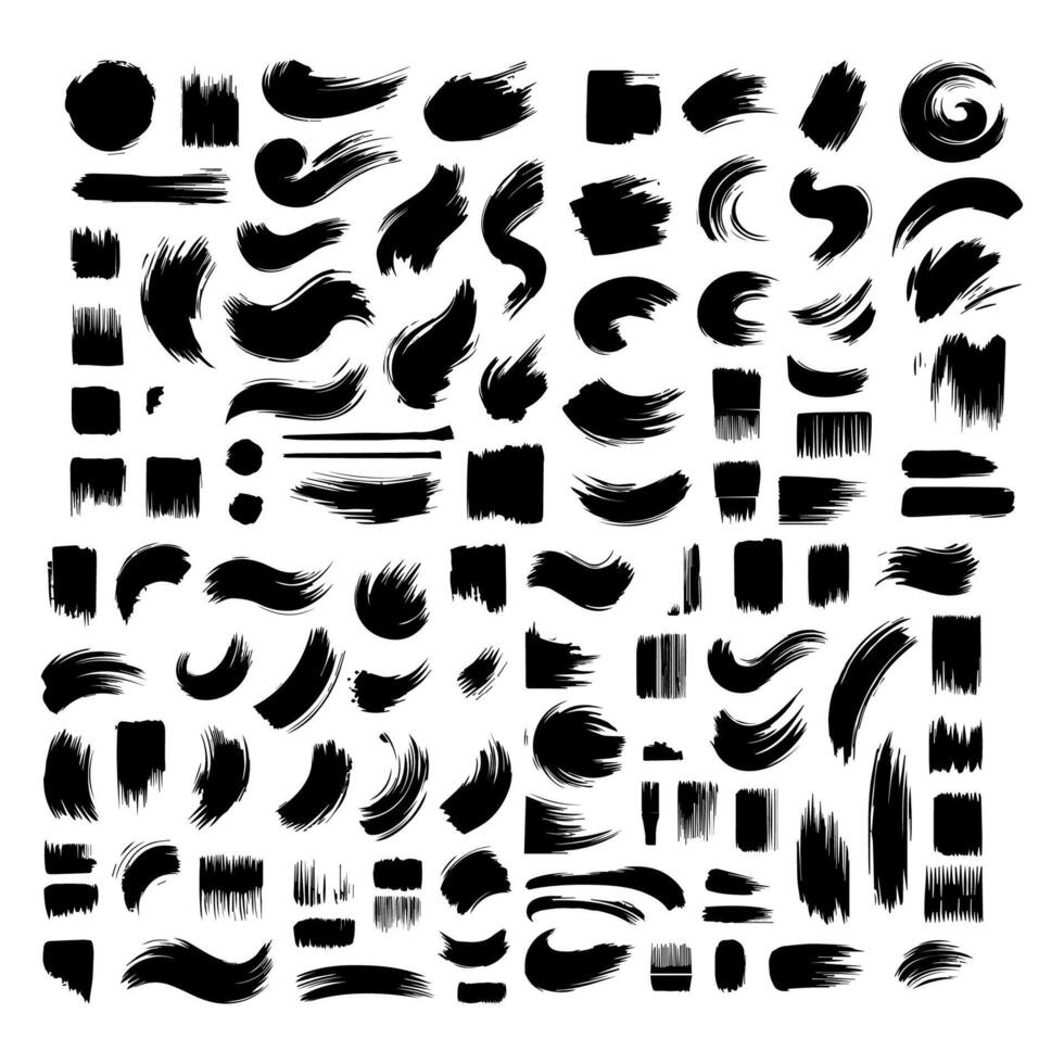 Big collection of black paint, ink brush strokes, brushes, lines, grungy. Dirty artistic design elements, boxes, frames. Vector illustration. Isolated on white background. Freehand drawing.