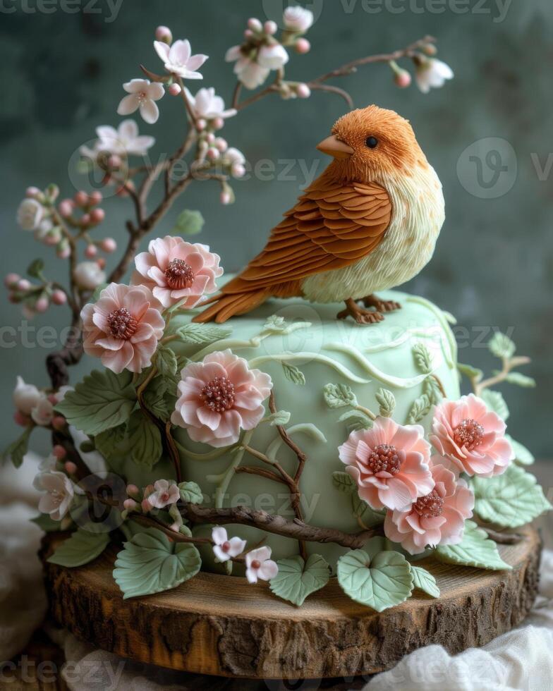 AI generated Cake decorated with flowers and bird photo