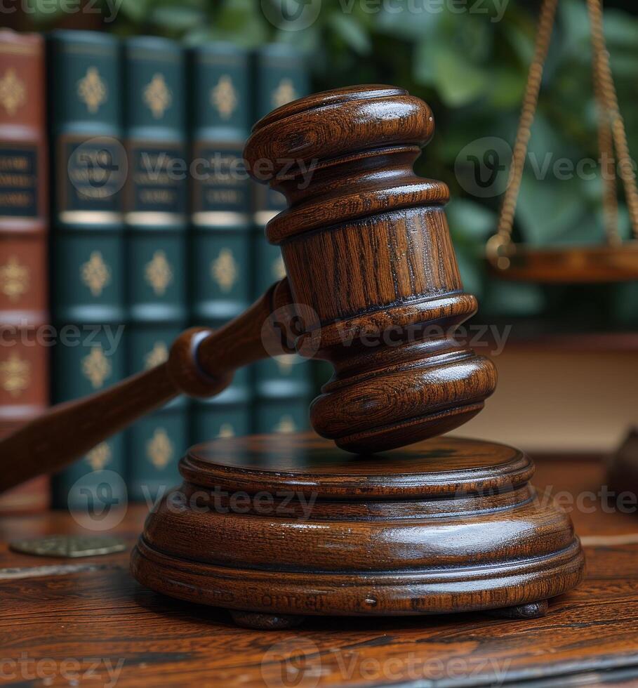 AI generated Law concept. Book with wooden judges gavel on table in courtroom or enforcement office photo