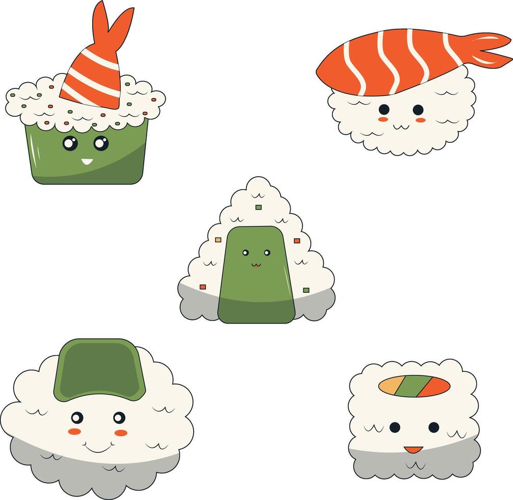 kawaii Sushi ilustración. dibujos animados personaje recopilación. vector