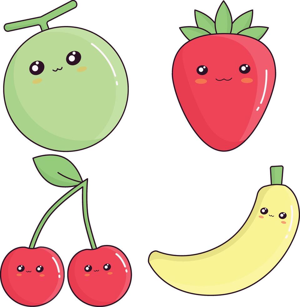 Set of Kawaii Fruit Mascot. Isolated on White Background. Cartoon Style. Vector Illustration