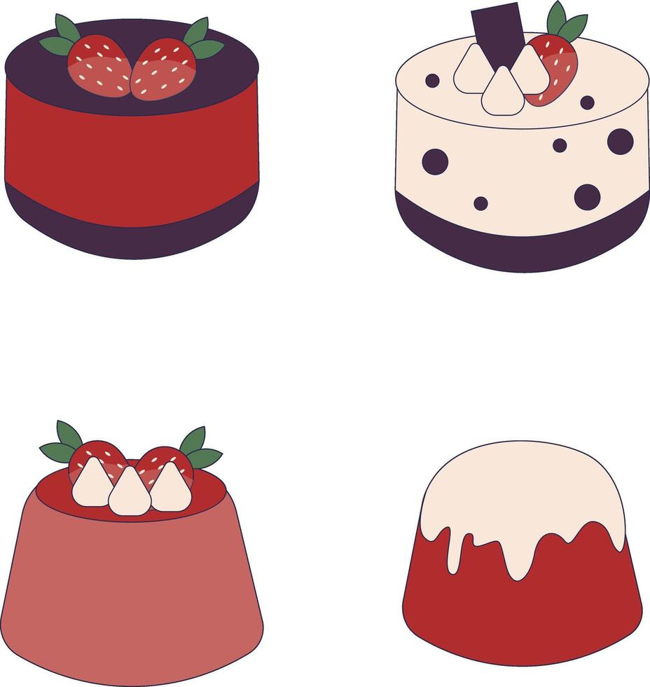 Sweet Dessert Pudding With Different Sauces and Toppings. Vector Illustration