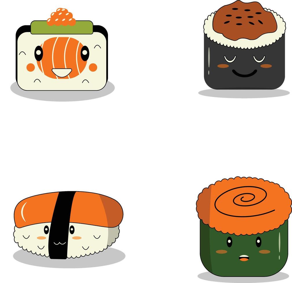 Kawaii Sushi Illustration. Cute Cartoon Character on White Background. vector