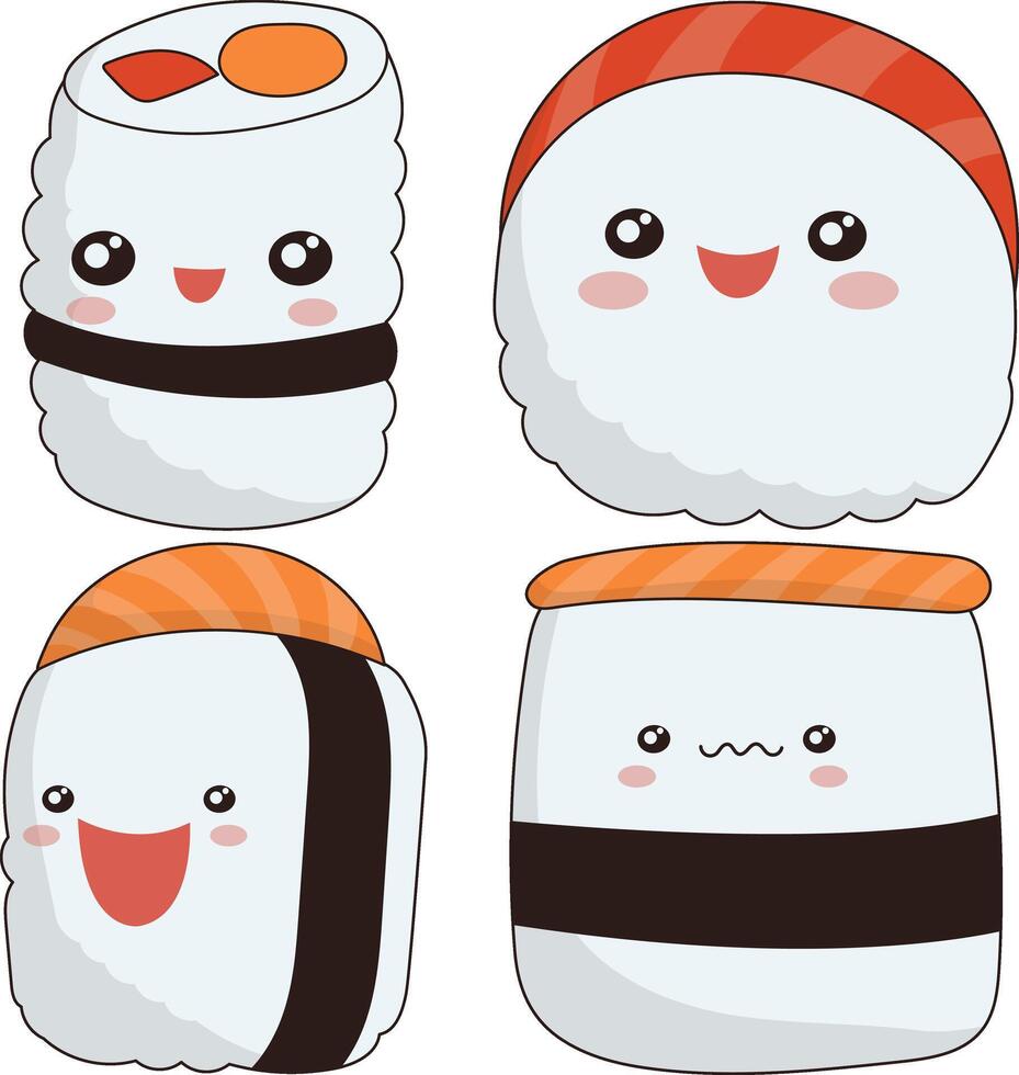 Kawaii Sushi Illustration on White Background. Cartoon Character Design. Isolated Vector Icons
