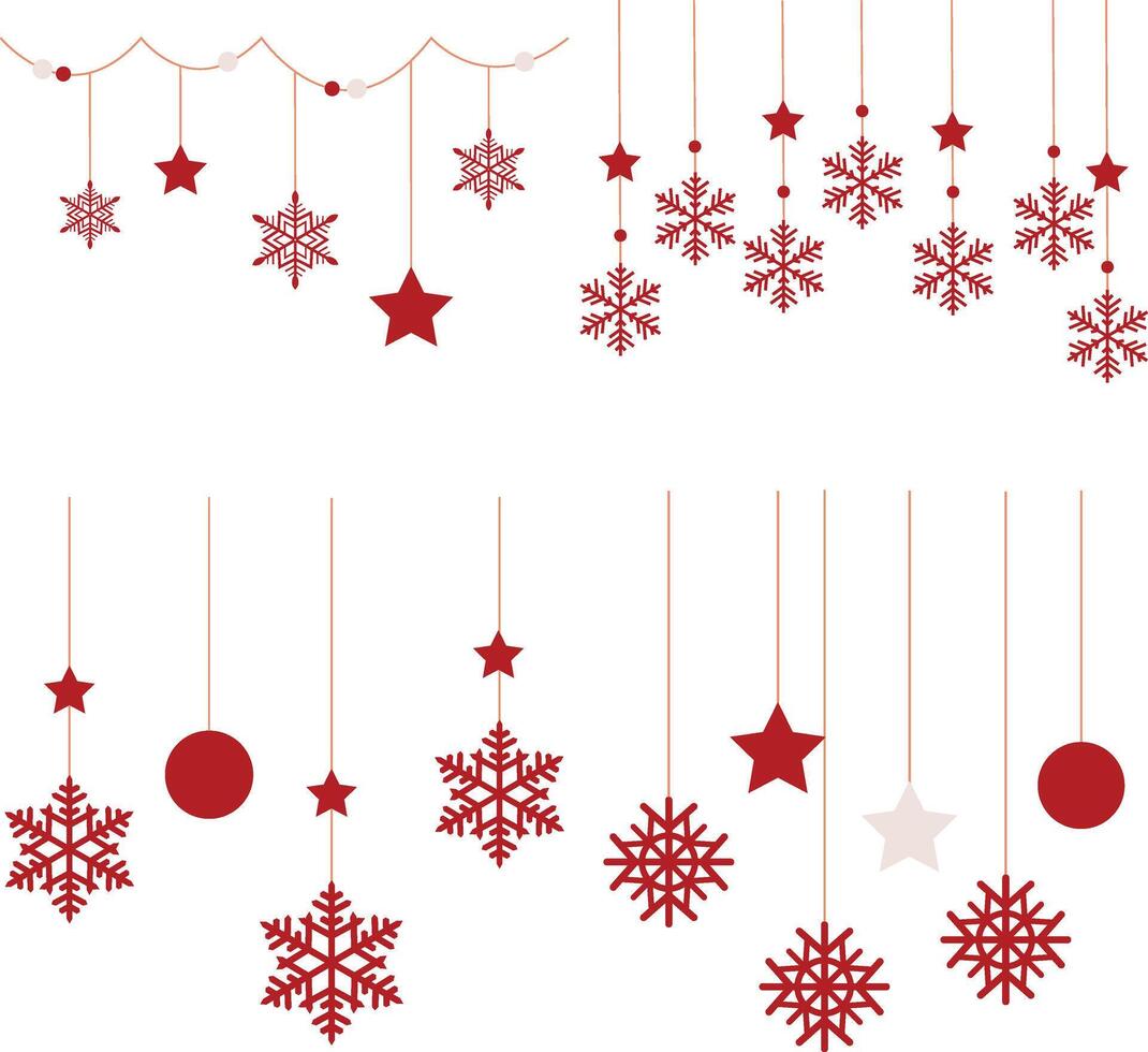 Set of Christmas Snowflakes Hanging. Isolated on White Background, FLat Vector Icon