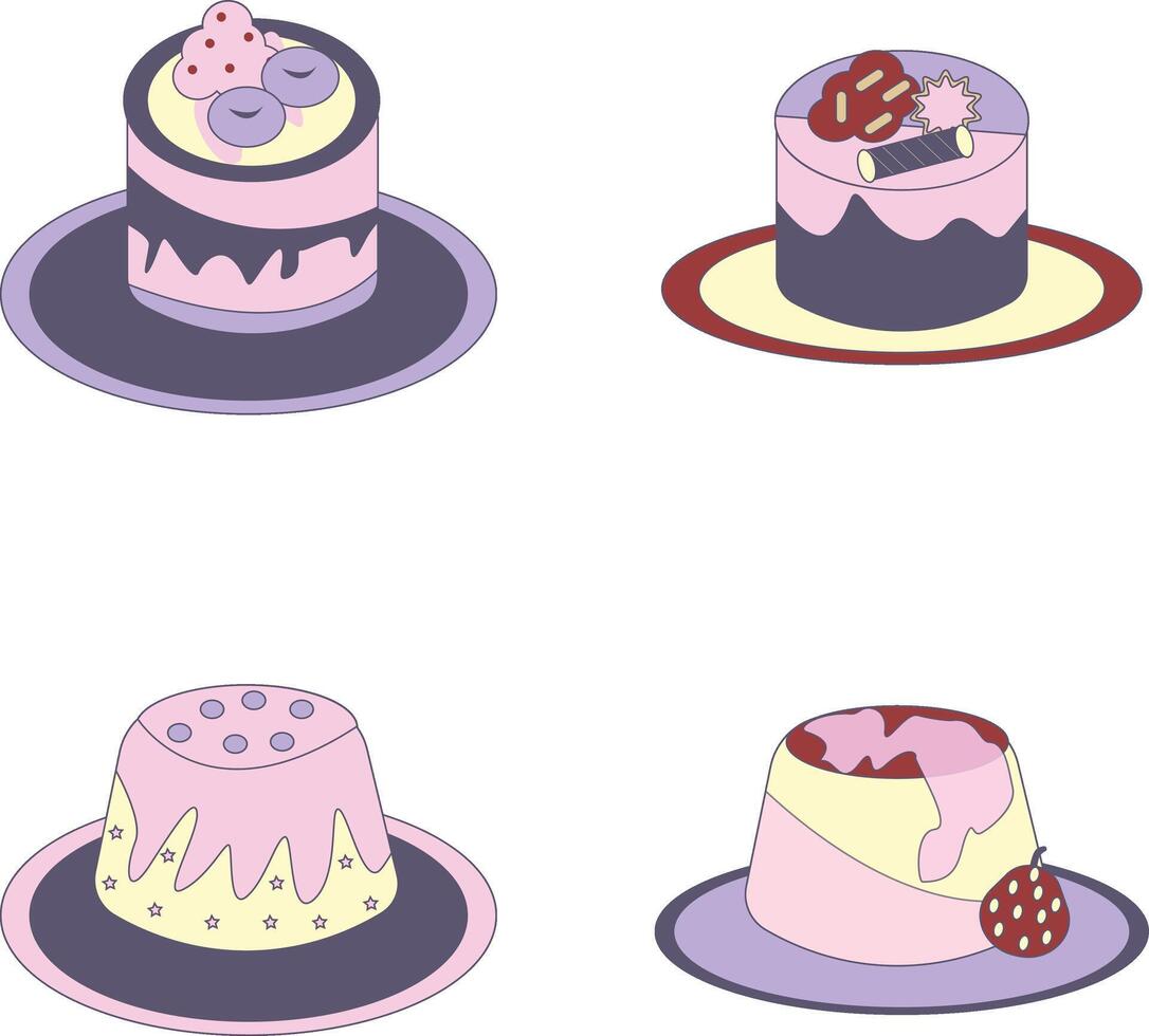 Sweet Pudding Dessert with Different Topping and Cream. Cute Cartoon Vector Illustration