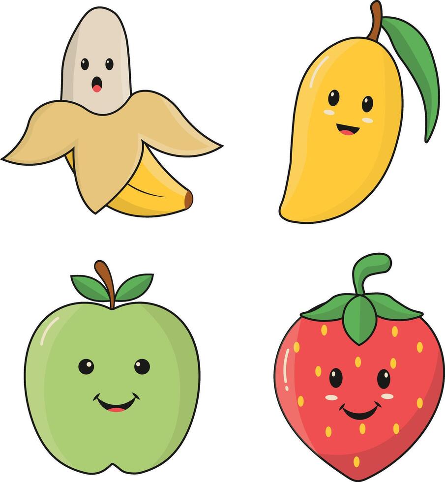 Kawaii Fruit Mascot in Flat Cartoon Character, Vector Illustration Set.