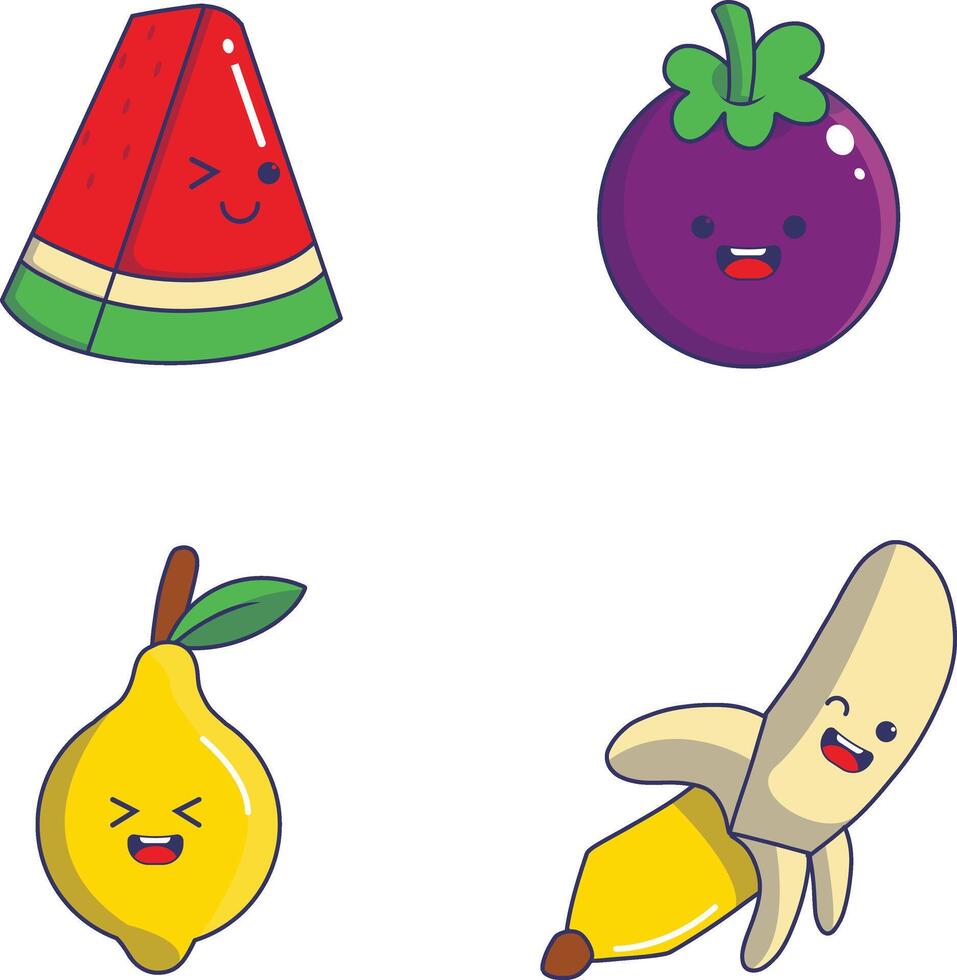 Kawaii Fruit Mascot With Cute Cartoon Character. Vector Illustration