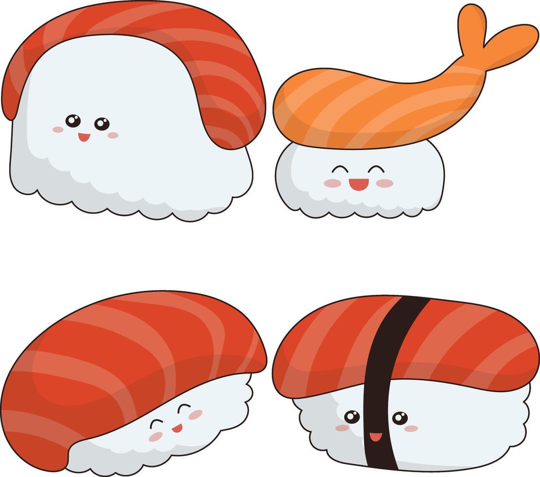 Kawaii Sushi Illustration on White Background. Cartoon Character Design. Isolated Vector Icons