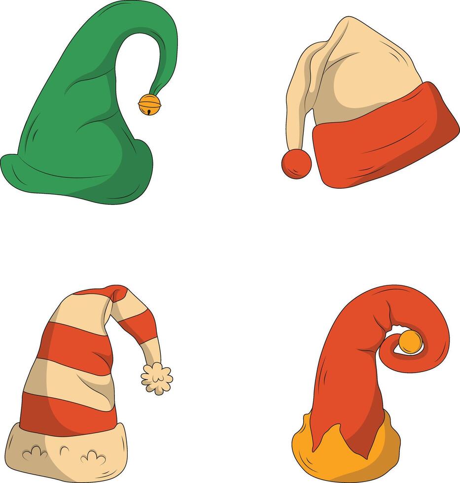 Christmas Santa Hat with Cartoon Design. Vector Illustration Set.