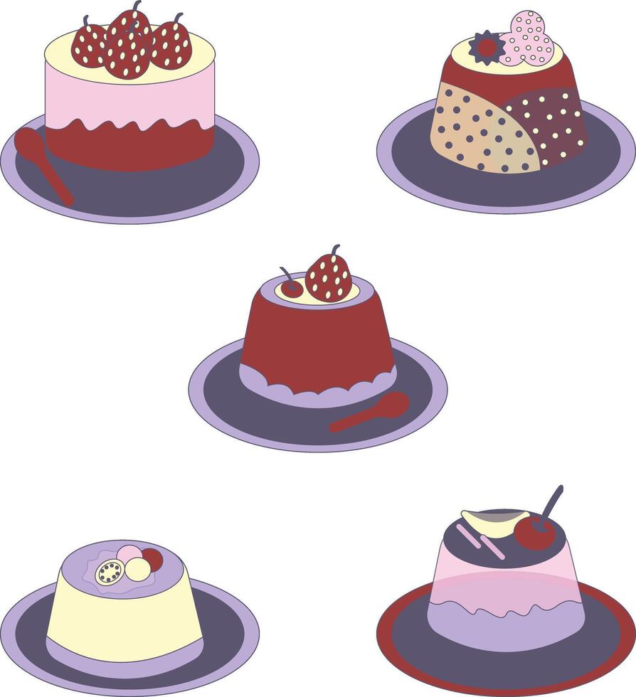Sweet Pudding Dessert with Different Topping and Cream. Cute Cartoon Vector Illustration