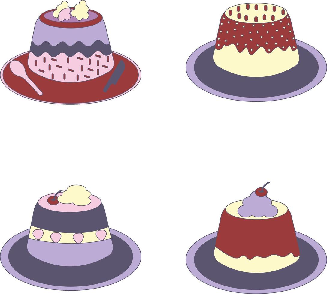 dulce pudín postre con diferente Adición y crema. linda dibujos animados vector ilustración