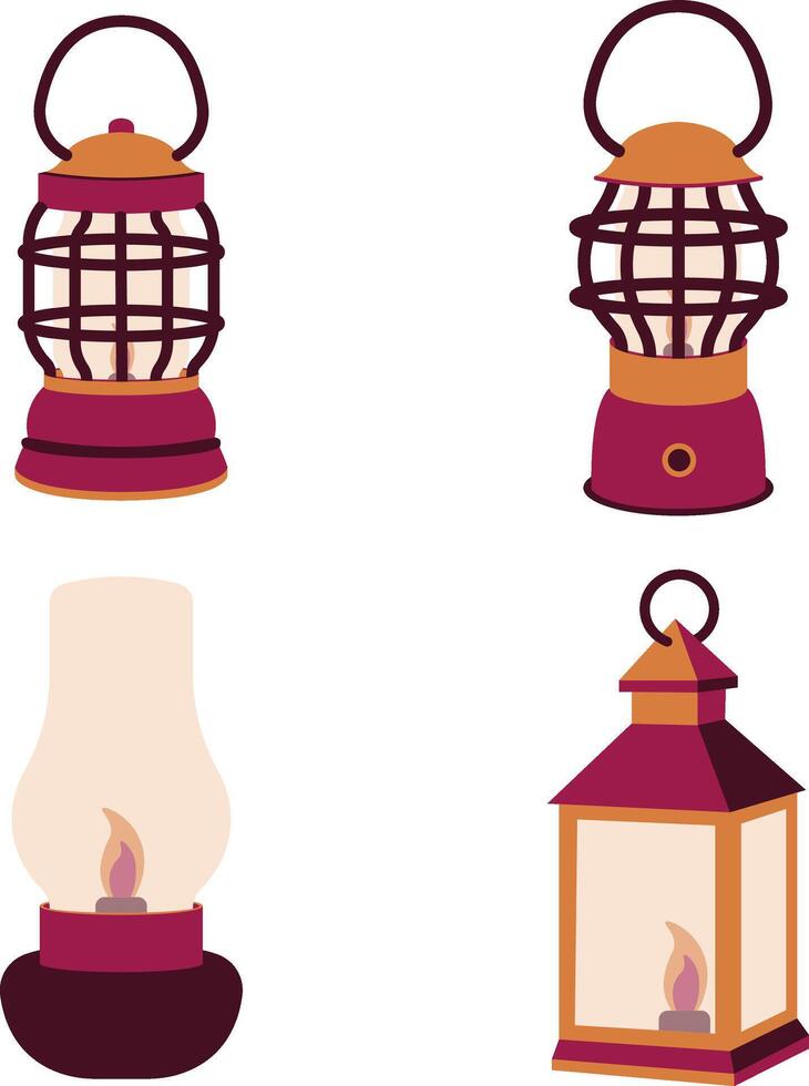 Collection of Camping Lantern Lamp Illustration. Classic Design Style. Isolated Vector