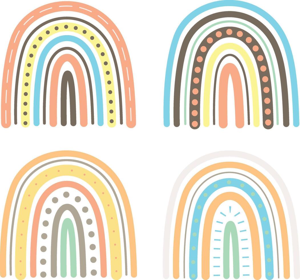 Hand Drawn Rainbow Boho Set. Isolated On White Background. Vector Illustration