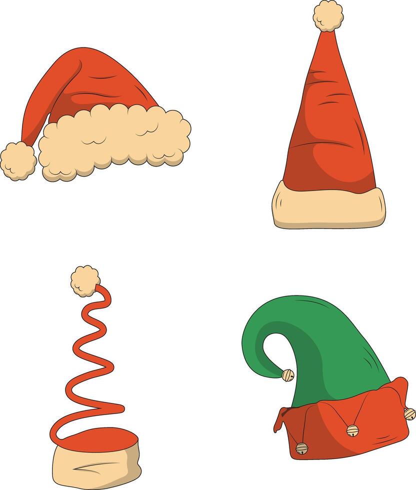 Christmas Santa Hat with Cartoon Design. Vector Illustration Set.