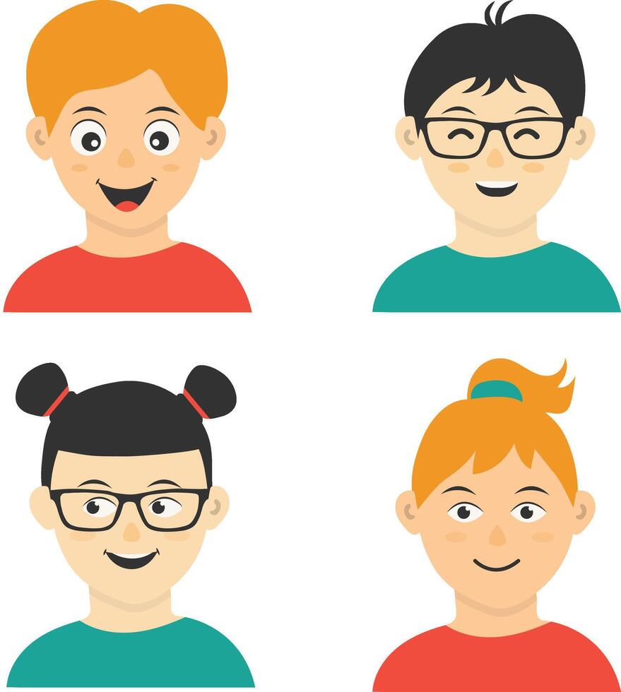 Collection of Different Children Avatars. Isolated on White Background. Flat Cartoon Vector Illustration