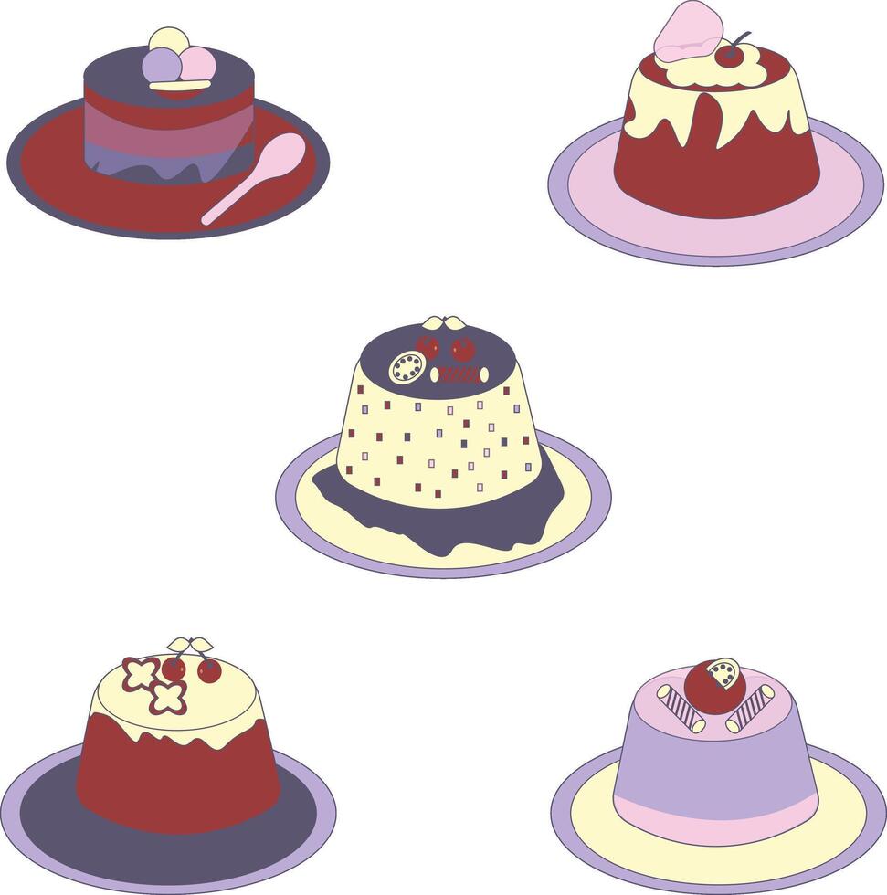 Sweet Pudding Dessert with Different Topping and Cream. Cute Cartoon Vector Illustration
