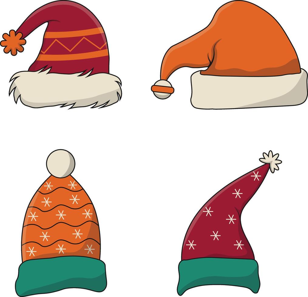 Set of Christmas Santa Hat. Isolated On White Background. Vector Illustration