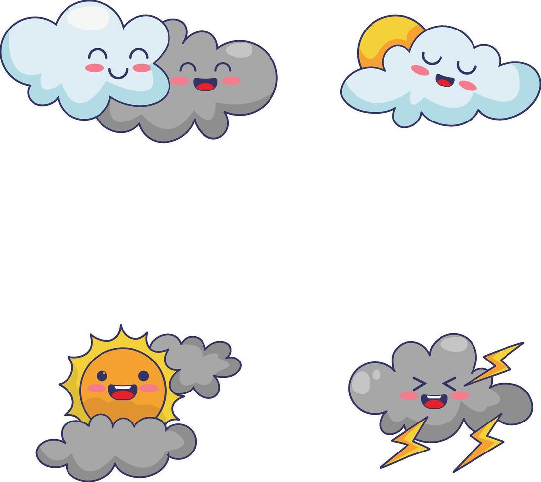 kawaii clima personaje colocar. aislado en blanco antecedentes. linda dibujos animados vector ilustración.