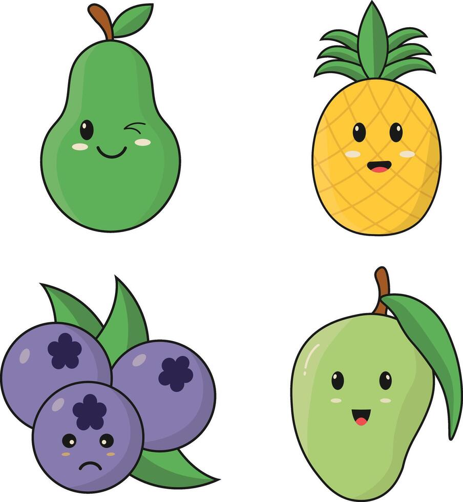 Kawaii Fruit Mascot in Flat Cartoon Character, Vector Illustration Set.