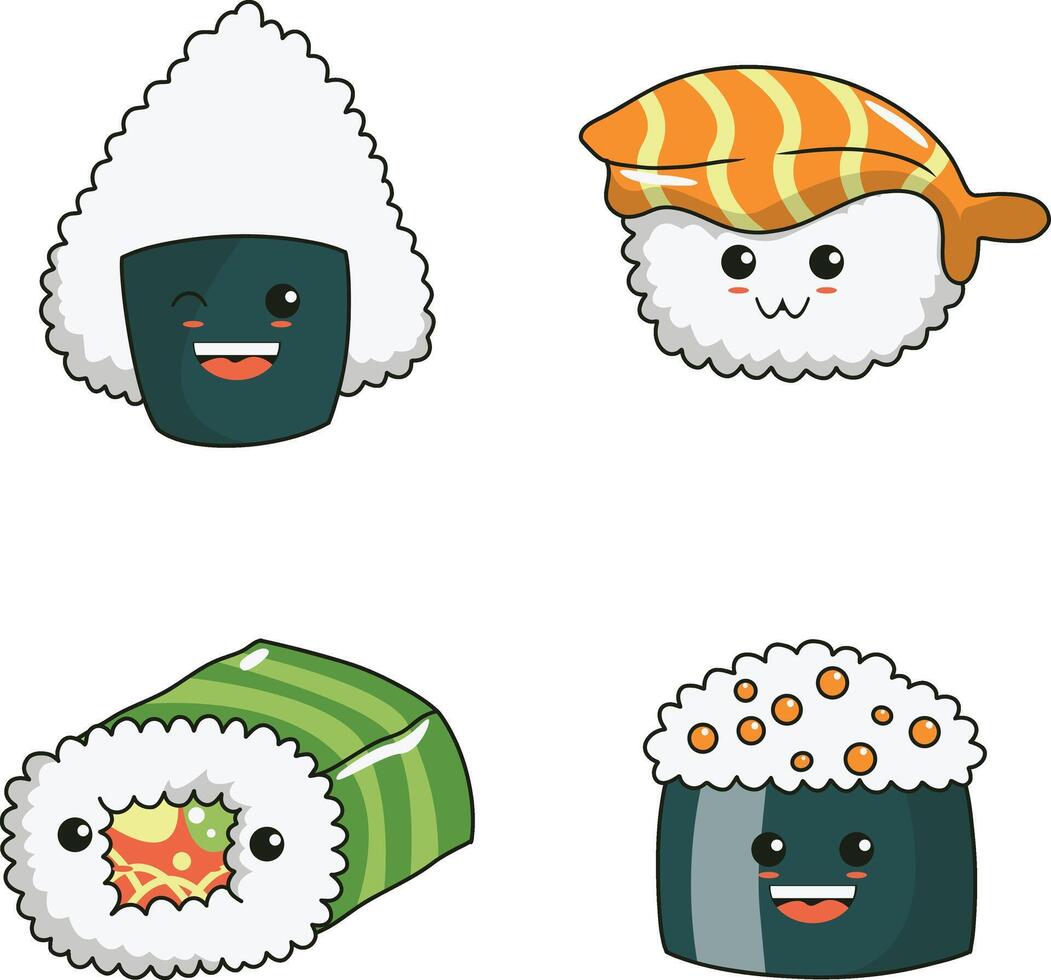 Set of Kawaii Sushi Illustration. Japanese Cartoon Style, Isolated On White Background. vector